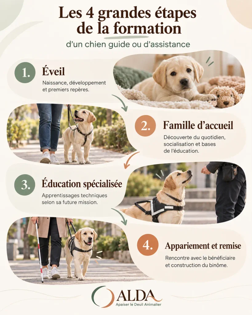 Infographie ALDA présentant les quatre étapes de formation d'un chien guide ou d'assistance : éveil, famille d'accueil, éducation spécialisée et appariement.