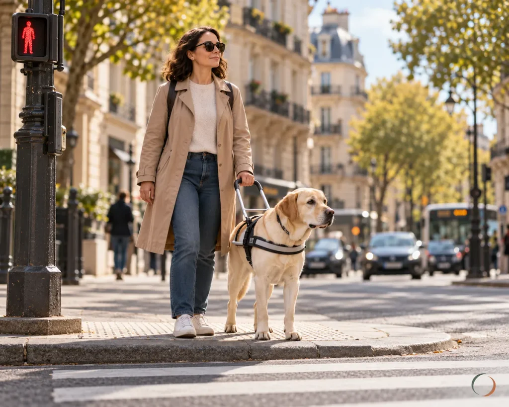 Un chien guide Labrador équipé de son harnais s'arrête avec une femme au bord d'un passage piéton, devant un feu rouge pour les piétons