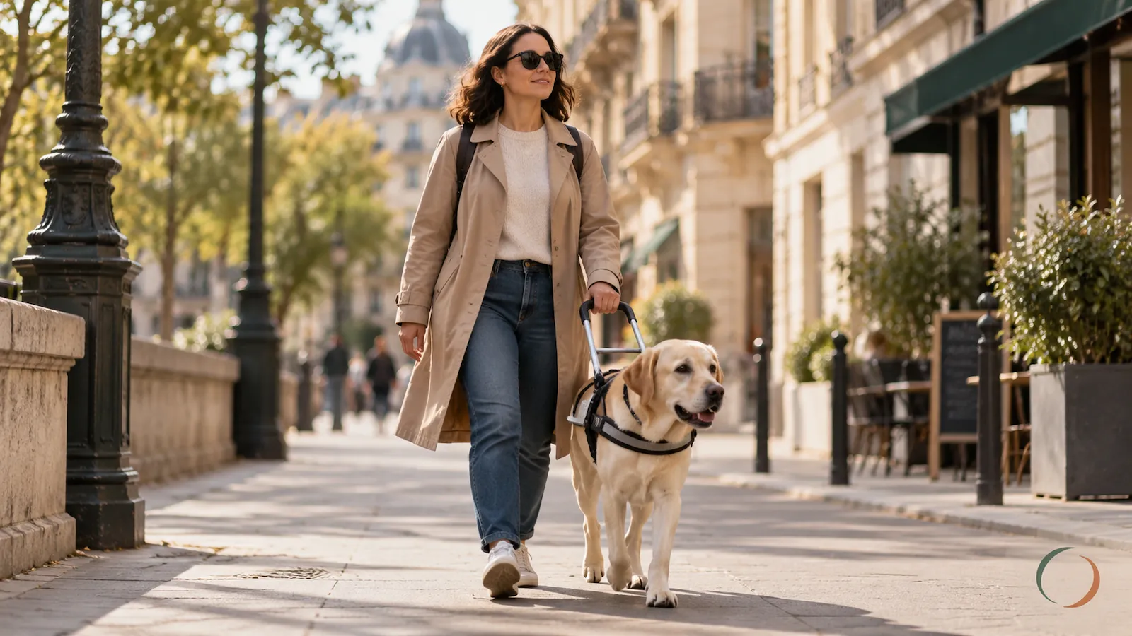 Femme accompagnée de son chien guide Labrador, équipé d'un harnais de guidage, lors d'un déplacement en ville.