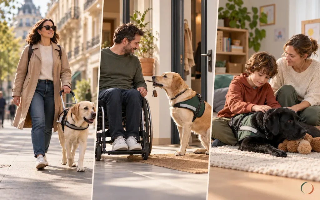 Trois scènes illustrant les missions du chien guide et du chien d'assistance : accompagnement d'une personne malvoyante, aide à la mobilité et soutien d'un enfant.