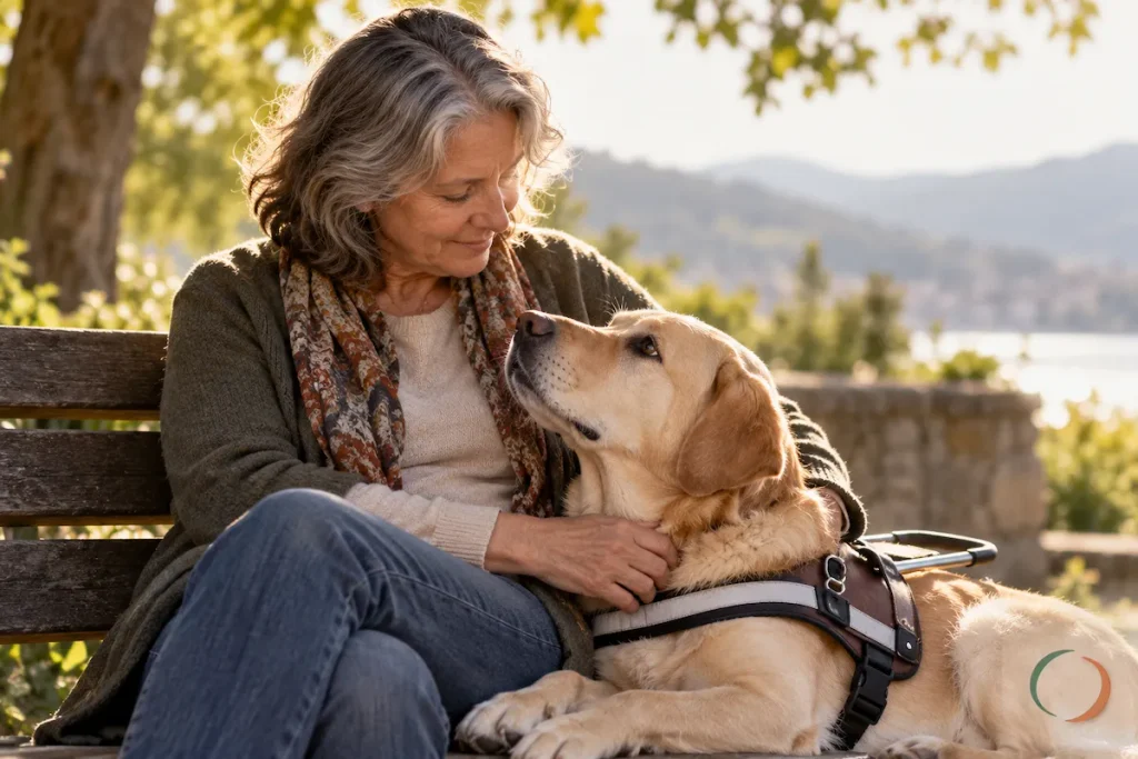 Une femme assise sur un banc caresse son chien d’assistance Labrador, couché contre elle, dans un moment de complicité en extérieur.
